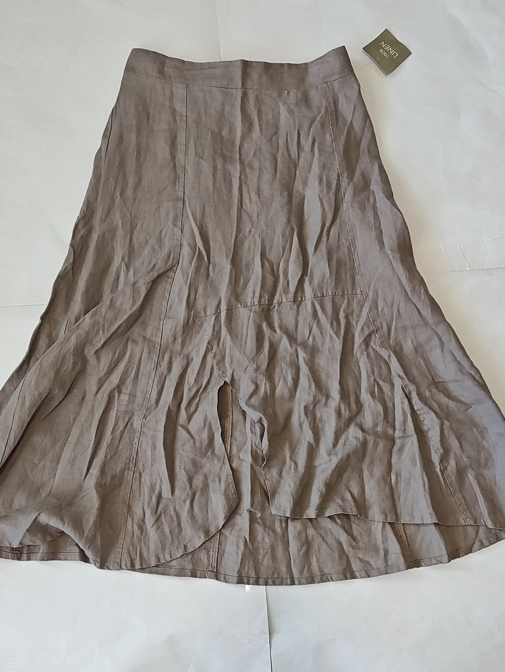 For Cynthia Women Linen Midi Skirt Taupe Brown Front Slit Size S NWT Boho